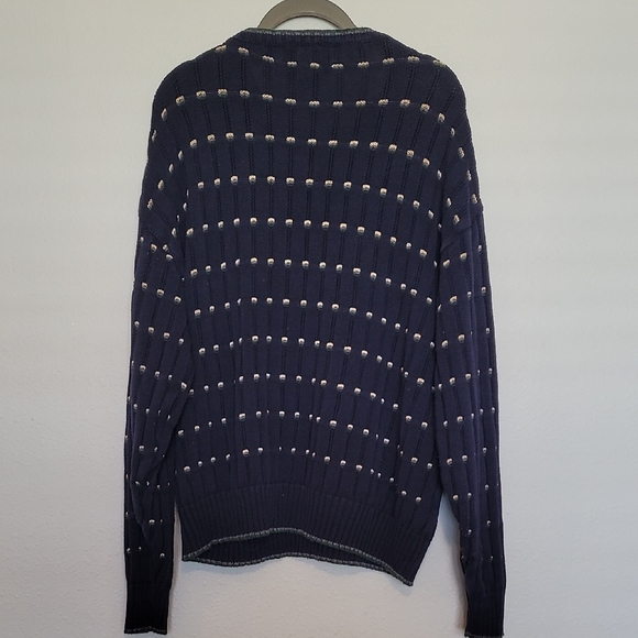 Y2K Vintage Men Chunky Knit Sweater Size L Grandpa Navy Cotton Cosby Academia - Picture 7 of 12